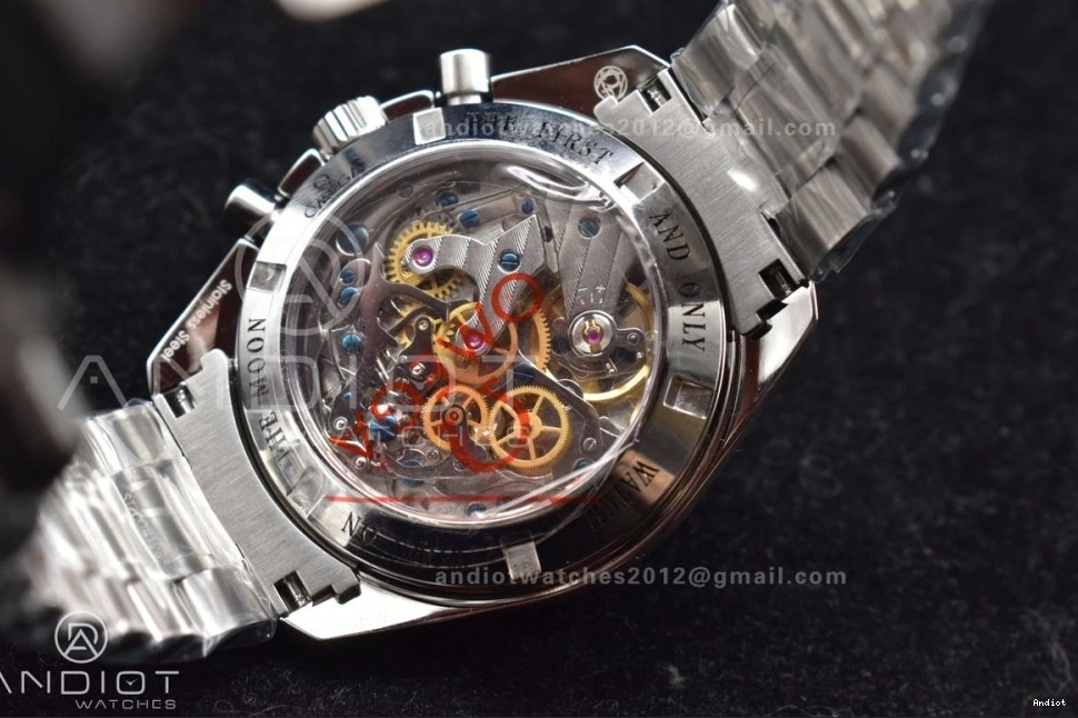 SS Dial Back OMF Winding Transparent Crystal Manual Speedmaster Black Sapphire MoonWatch Chrono with SS Movement Bracelet on 0107